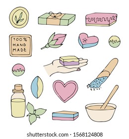 Color outline soap making collection. hand drawn vector illustration. Set of soap home making for sale. Soap with natural ingredients.