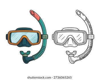 Cor e contorno de uma máscara de mergulho laranja e snorkel scuba branca