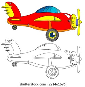 Color and Outline Version of the Aircraft, For Children's Coloring Books, Isolated on White Background. Vector Illustration.