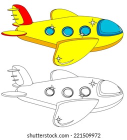Color and Outline Version of the Aircraft, For Children's Coloring Books, Isolated on White Background. Vector Illustration.