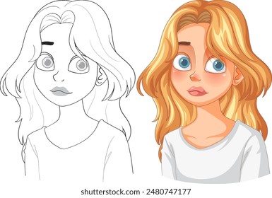 Color and outline versions of a blonde girl