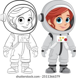 Color and outline versions of a cartoon astronaut
