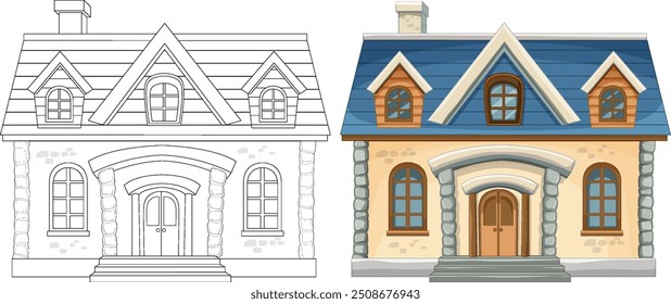 Color and outline versions of a cozy cottage