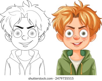 Color and outline versions of a happy boy