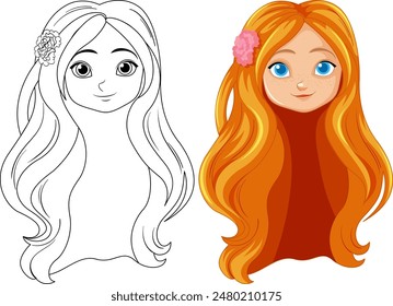 Color and outline versions of a hippy girl