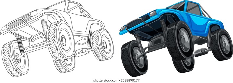 Color and outline versions of a monster truck