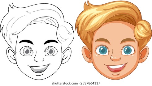 Color and outline versions of a smiling boy
