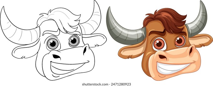 Color and outline versions of a smiling bull