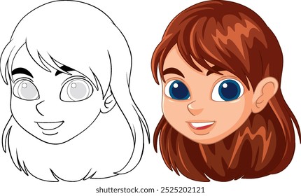 Color and outline versions of a smiling girl