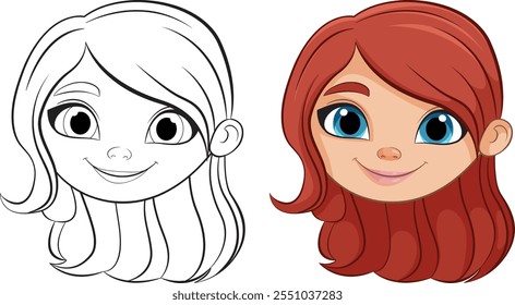 Color and outline versions of a smiling girl