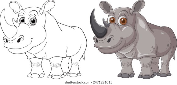 Color and outline versions of a smiling rhino