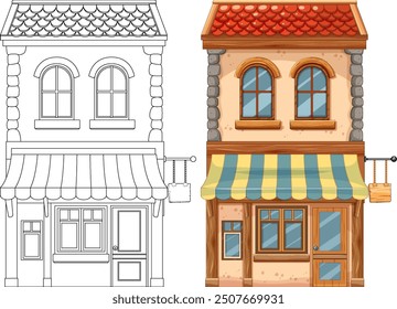Color and outline versions of a two-story house