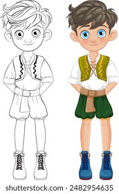 Color and outline versions of a young boy