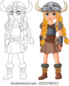 Color and outline of a Viking girl