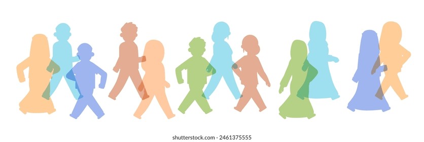 Color overlay silhouettes of different walking people. Vector illustration