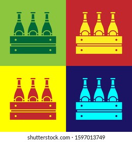 Color Pack of beer bottles icon isolated on color background. Wooden box and beer bottles. Case crate beer box sign.  Vector Illustration