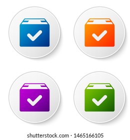 Color Package box with check mark icon isolated on white background. Parcel box with checkmark. Approved delivery or successful package receipt. Set icons in circle buttons. Vector Illustration