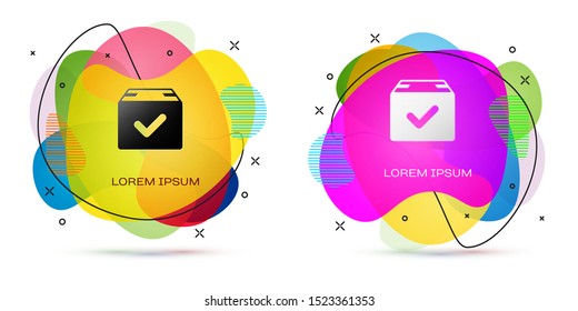 Color Package box with check mark icon isolated on white background. Parcel box with checkmark. Approved delivery or successful package receipt. Abstract banner with liquid shapes. Vector Illustration