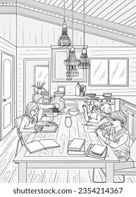 Color page with children at the table doing table games. Vector sketch art