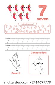 Página de color, punto a punto, traza. Aprenda el número 7. Muchos juegos en una página para niños en preescolar. 