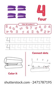 Color page, dot to dot, trace on one page for kids education. Learning number four