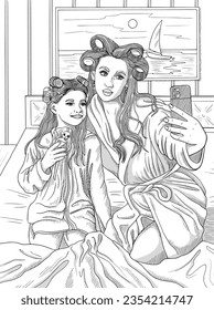 Color page with mother and her daughter make selfie. Vector sketch art