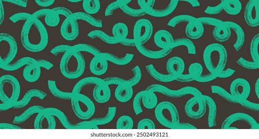 Color paint abstract brush strokes vector seamless pattern. Hand drawn green bold curvy, curly geometric lines, strokes.