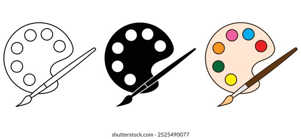 Color Paint brush icon, silhouette, symbol set. Paintbrush and palette icon, vector set. Simple art brush and palette for social media, app, logo and web design. Vector illustration.