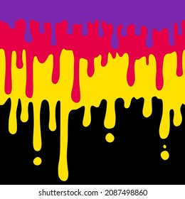 Color Paint Dripping Seamless Borders Set. Vector paint, colorful ink drips silhouettes set. Liquid flowing stains, abstract splatter design elements on black background.