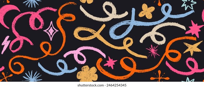 Color pintura garabatos a mano alzada Vector patrón sin fisuras. Líneas onduladas y estrellas coloridas, textura de pincelada seca. Abstractas diseño de Fondo de pantalla multicolor, estampado textil de moda. 