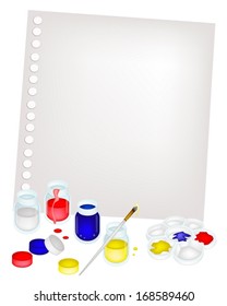 Color Paint Jars and Plastic Art Palette With A Craft Paintbrushes or Artist Brushes and Water Glass Jar on Blank Spiral Paper for Draw and Paint A Picture. 