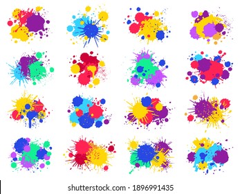 Colores salpicados de pintura. Resumen de manchas y salpicaduras de tinta brillante, gotas líquidas pintadas y salpicaduras. La caída de tinta colorida traza el conjunto de ilustraciones vectoriales. Colección de manchas de pintura de color de agua