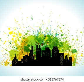 Color Paint Splashes Eco Green City Silhouette Background