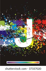 Color paint splashes font. Gradient vector background. Letter J.