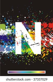 Color paint splashes font. Gradient vector background. Letter N.