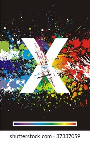 Color paint splashes font. Gradient vector background. Letter X.