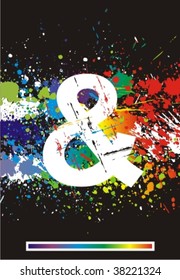 Color paint splashes font. Gradient vector background. Symbol &.