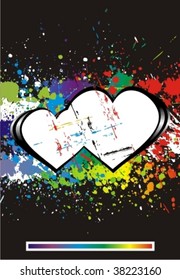 Color paint splashes font. Gradient vector background. Symbol two hearts.