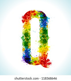 Color paint splashes. Gradient vector font. Letter Q