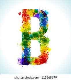 Color paint splashes. Gradient vector font. Letter B