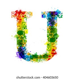 Color Paint Splashes. Gradient Vector Font. Watercolor Designer Decoration Alphabet. Colar ink Symbols Isolated ob a White Background. Letter U