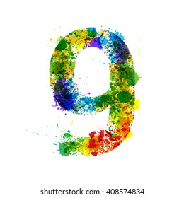 Color Paint Splashes. Gradient Vector Font Symbols. Watercolor Paint Splash Designer Decoration Alphabet. Color ink Number Symbols Isolated on a White Background. Paint Splash Number 9