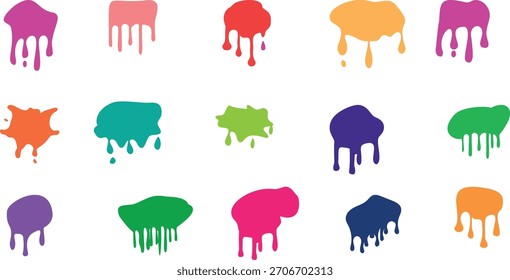 Color paint splashes. Ink splatter spot, abstract colorful blob, blot shapes. Liquid smudge with drops, spray stain. Smudge flat patch, brush splotch. Vector inkblot set