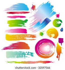 Color paint splashes and line brushes. Vector