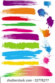 Color paint splashes and line brushes. Vector