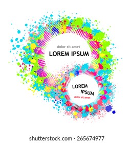 Color paint splashes round background. Vector frame 