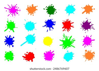 Color paint splatter. Colorful ink stains, abstract paints splashes and wet splats. Watercolor or slime stain vector set. Colorful stain and splash, splat messy, inkblot splashing illustration