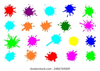 Color paint splatter. Colorful ink stains, abstract paints splashes and wet splats. Watercolor or slime stain vector set. Colorful stain and splash, splat messy, inkblot splashing illustration