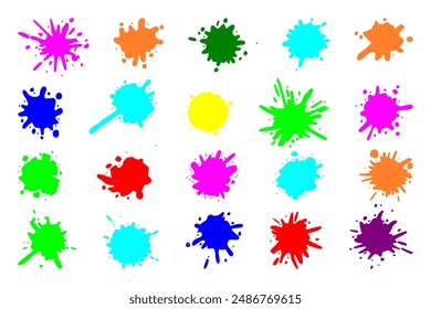 Color paint splatter. Colorful ink stains, abstract paints splashes and wet splats. Watercolor or slime stain vector set. Colorful stain and splash, splat messy, inkblot splashing illustration