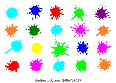 Color paint splatter. Colorful ink stains, abstract paints splashes and wet splats. Watercolor or slime stain vector set. Colorful stain and splash, splat messy, inkblot splashing illustration